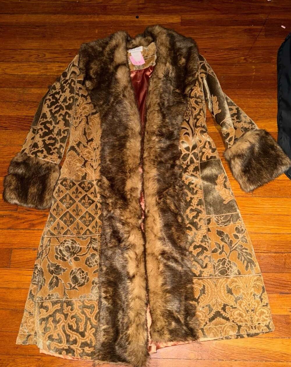 Penny Lane Vintage Faux Fur Coat with Jacquard Pattern and Fur Trim Y2K Fairycor